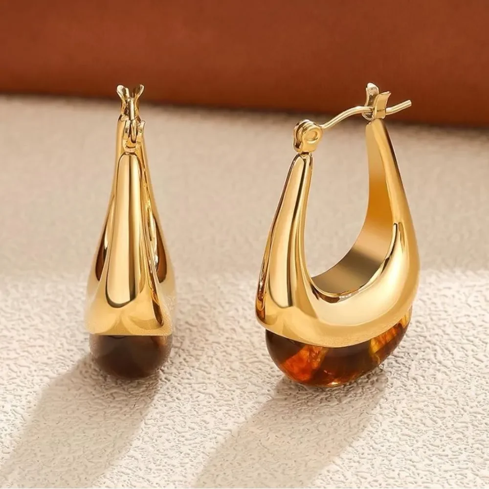 NEW 18K Gold Plated Elegant Gold and Brown Hoop Earrings